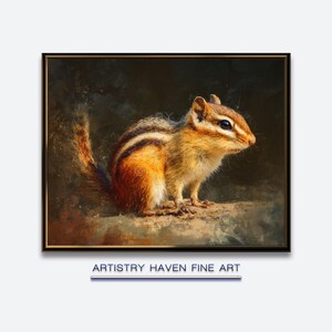 May include: A framed fine art print of a chipmunk. The chipmunk has brown, orange, and white fur with dark stripes. The artwork is set against a dark background. The text "ARTISTRY HAVEN FINE ART" is below the image.