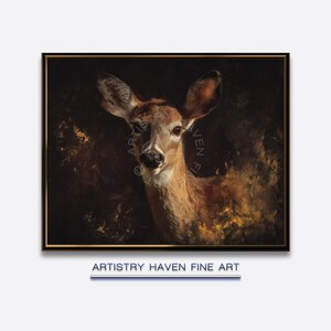 May include: A framed art print featuring a deer with a brown coat and large ears. The deer is centered, with a dark background and touches of gold and yellow. The text "ARTISTRY HAVEN FINE ART" is below the image.