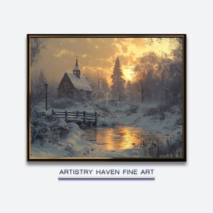 Puede incluir: Pintura enmarcada de un paisaje invernal con una iglesia y un puente cubiertos de nieve que se reflejan en un río dorado. La obra de arte tiene una paleta de colores cálidos con una puesta de sol en el fondo. El texto "ARTISTRY HAVEN FINE ART" está en la parte inferior.