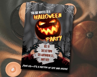 May include: Halloween party invitation with a jack-o'-lantern and bloody hands. The invitation says "You are invited to a Halloween Party" and includes the date, time, and location. It also says "Join us - it's a matter of life and death!"