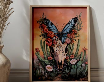 Southwestern Skull Butterfly Art Print | Boho Desert Decor (Digital Download)