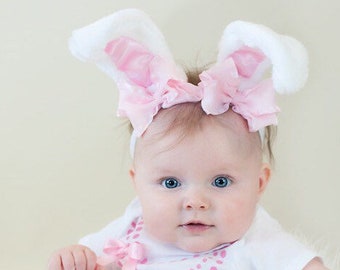 Spring Pink and White Pretty Pink Bow Easter Bunny Ears Stretch Headband GREAT PHOTOGRAPHY PROP Costume Spring Cuteness