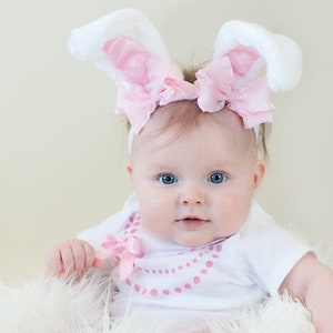 Spring Pink and White Pretty Pink Bow Easter Bunny Ears Stretch Headband GREAT PHOTOGRAPHY PROP Costume Spring Cuteness