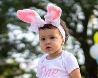 Easter Bunny Ears Pink with Ruffle Bows Bow Stretch Headband Photography Prop