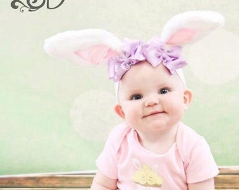 Spring Pink and White Easter Lavendar Bow Bunny Ears Stretch Headband GREAT PHOTOGRAPHY PROP