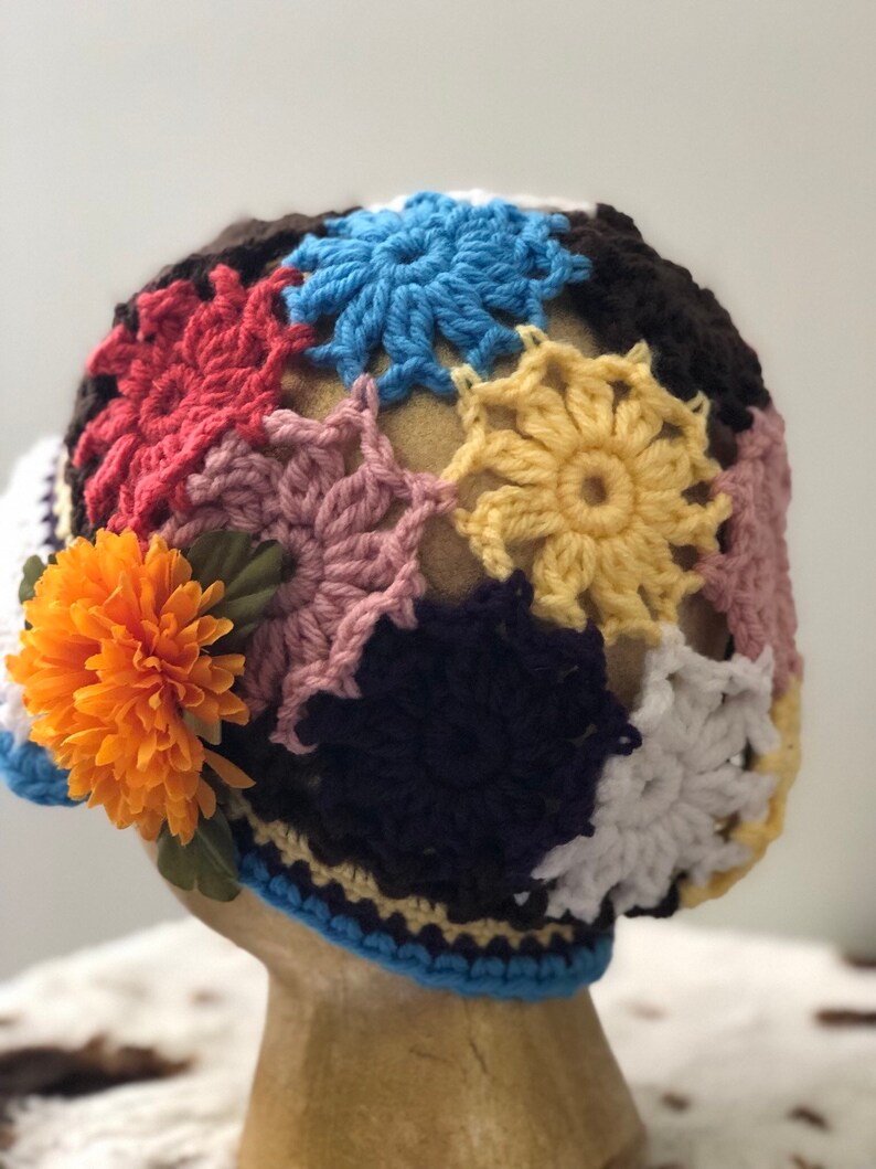 Colorful Patchwork Crochet Brimmed Boho Style Hat w Clip Girls 4 6