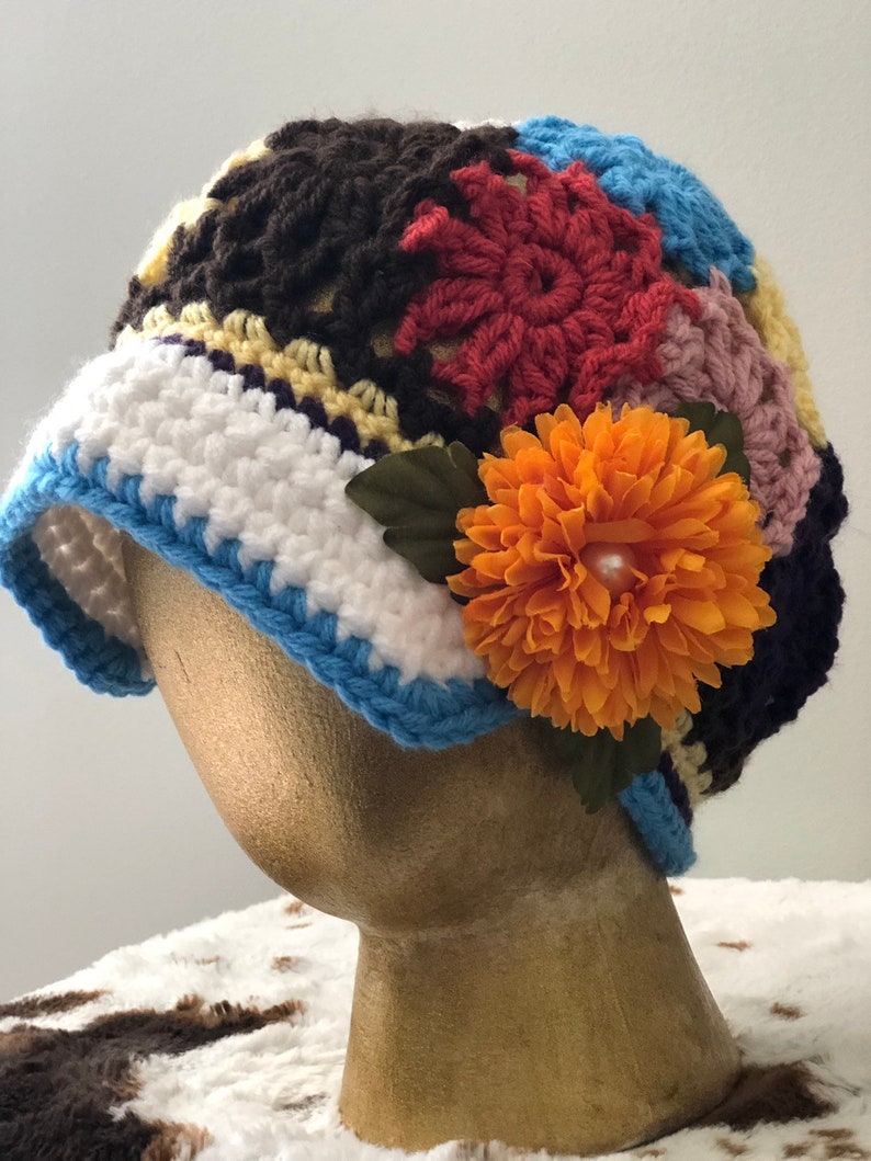 Colorful Patchwork Crochet Brimmed Boho Style Hat w Clip Girls 4 6