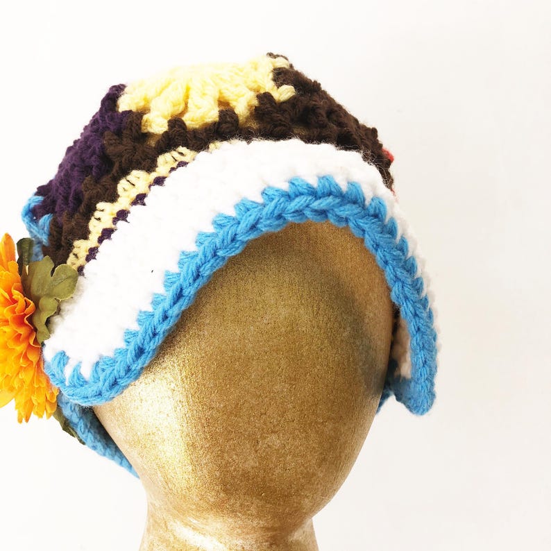 Colorful Patchwork Crochet Brimmed Boho Style Hat w Clip Girls 4 6