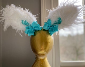 Easter Bunny Spring White and Navajo Turquoise Bows Bunny Ears Stretch Headband GREAT PHOTOGRAPHY PROP