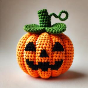 Puede incluir: Una calabaza naranja de crochet con un tallo y hojas verdes. La calabaza tiene una cara de calabaza negra.