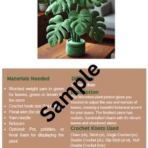 Puede incluir: Instrucciones de crochet para una planta Monstera. El patr&oacute;n incluye una descripci&oacute;n de los materiales necesarios, el nivel de dificultad y los puntos de crochet utilizados. La imagen muestra una planta Monstera de crochet en una maceta verde.
