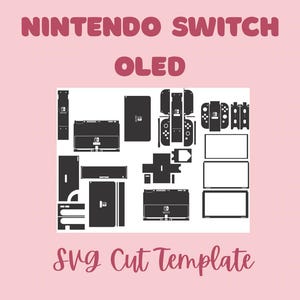 May include: A digital SVG cut template for a Nintendo Switch OLED console, featuring black vector outlines of the console, dock, and controllers arranged on a white background, with the text NINTENDO SWITCH OLED SVG Cut Template.