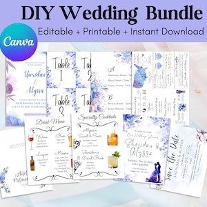 Kit de plantillas para decoración de bodas para descargar digitalmente; paquete imprimible minimalista para hacer uno mismo; tarjetas, carteles y programas editables; papelería con acuarela floral