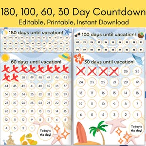 180, 100, 60, 30 Day Vacation Countdown Printable Template | Family Trip Countdown Calendar Bundle | Editable in Canva Digital Download