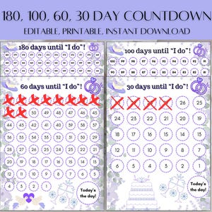 180、100、60、30 日間の結婚式カウントダウン印刷可能テンプレート | 結婚アドベント カレンダー バンドル | Canva で編集可能デジタル ダウンロード