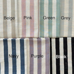 May include: A collection of fabric swatches featuring vertical stripes in beige, pink, green, grey, navy, purple, and black, each paired with an off-white base. The text labels Beige, Pink, Green, Grey, Navy, Purple, and Black are printed on each.