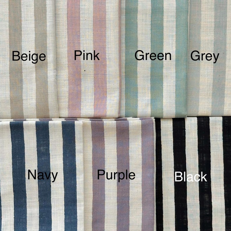 May include: A collection of fabric swatches featuring vertical stripes in beige, pink, green, grey, navy, purple, and black, each paired with an off-white base. The text labels Beige, Pink, Green, Grey, Navy, Purple, and Black are printed on each.