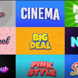 May include: A collage of nine colorful text graphics with various designs. The words include "Colors," "Cinema," "Mega Sale," "Stay Cool," "Big Deal," "Neon," "Rainbow," "Pink Style," and "Special."