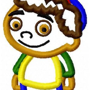 May include: Embroidered cartoon character with brown hair, a red and blue hat, and a yellow shirt, green jacket, and blue trousers.