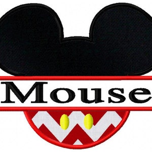 May include: Black and white Mickey Mouse head silhouette with red and white chevron pattern and yellow circles. The word "Mouse" is written in black letters across a red banner.