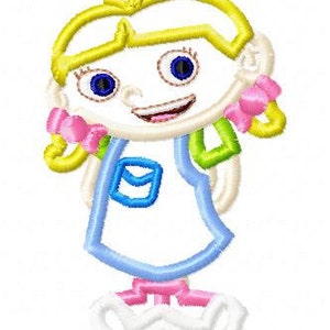 May include: Embroidered design of a girl with blonde hair, wearing a blue dress with a pocket, pink bows, and white shoes.