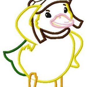 May include: A yellow duck wearing a brown aviator hat with goggles. The duck has a pink beak and black eyes. The duck is standing on two orange feet.