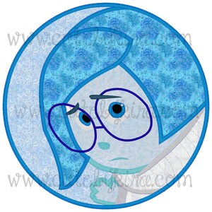 May include: A blue and white cartoon character with blue glasses and a sad expression. The character is wearing a white shirt with a blue collar. The character is surrounded by a blue circle.