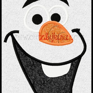 May include: A cartoon face of Olaf, the snowman from the movie Frozen. He has black eyebrows, large white eyes with black pupils, a wide smile, and a large orange carrot nose.