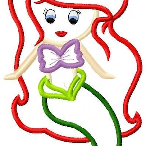 May include: A cartoon mermaid with red hair, a yellow crown, a purple seashell bra, and a green tail.