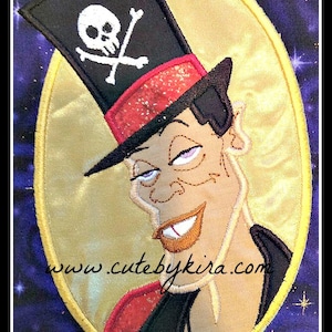 May include: Embroidered patch of a cartoon character with a skull and crossbones on their hat. The character has a mischievous expression and is wearing a red and black outfit. The patch is surrounded by a gold oval frame and set against a purple background with white stars.