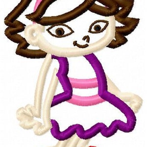 May include: A cartoon illustration of a girl with brown hair wearing a purple dress with pink stripes and red shoes.