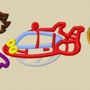 May include: Five cartoon characters, including two girls with blonde and brown hair, a boy with brown hair wearing a red hat, a boy with brown hair wearing a green shirt, and a boy with orange hair wearing glasses. The characters are all smiling and have different coloured clothing. There is a red and blue spaceship in the middle of the image.