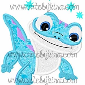 May include: A blue and purple cartoon lizard with a white belly and big eyes. The lizard is smiling and has a sparkly blue background.