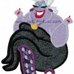 May include: Purple cartoon character with long white hair, wearing a black dress and a gold necklace. The character has a large smile and is sitting with her legs crossed. The character is from the Disney movie The Little Mermaid.