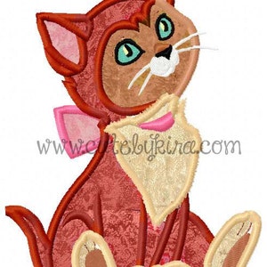 May include: A red and brown cartoon cat with a pink bow and a white collar. The cat has blue eyes and a white nose. The cat is sitting with its legs crossed and its tail curled around its body.