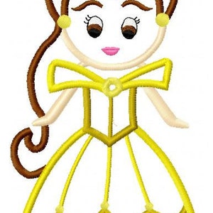 May include: A cartoon illustration of Belle from Beauty and the Beast. She is wearing a yellow dress with a brown bow and has brown hair.