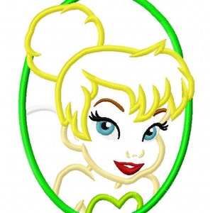 May include: A green oval frame with a cartoon image of Tinkerbell, a fairy with blonde hair, blue eyes, and a green dress.