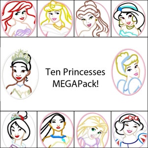 May include: Ten Disney Princesses in a MEGA Pack! Each princess is depicted in a circular frame with a white background. The princesses are: Ariel, Belle, Cinderella, Aurora, Jasmine, Mulan, Pocahontas, Rapunzel, Snow White, and Tiana.
