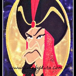 May include: A close-up of a cartoon character with a red and gold turban, a scowling expression, and a red and gold robe. The character is set against a dark blue background with white stars.