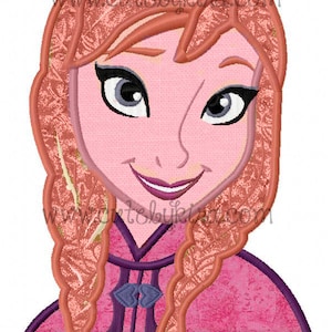 May include: Embroidered design of a cartoon girl with long red hair, wearing a pink and purple dress. The girl has a smiling expression and blue eyes.