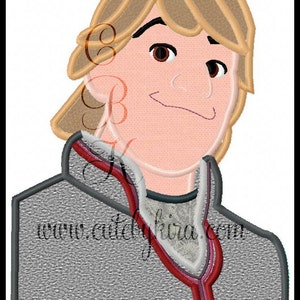 May include: Embroidered design of a cartoon character with brown hair, wearing a grey jacket with a red zipper and collar. The character has a light brown complexion and brown eyes.