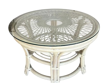 Vintage Glass Top Wicker Side Table