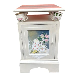 Charming Hand-Painted White Side Table with Teacup Accents