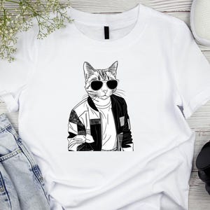 Cool Cat Sunglasses Tee, Funny Cat Graphic Shirt, Cat Lover Gift, Hipster Cat Top, Cat with Jacket, Cat Dad T-shirt