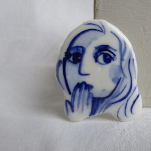 Hand-Painted Porcelain Brooch: Blue and white Woman Portrait