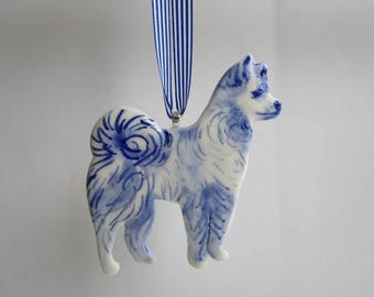 Spitz Dog / Keeshond- Handpainted porcelain wall hanging/ornament