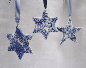 Delft Star Christmas Tree  Ornament - Hand painted  Blue and white porcelain ornament