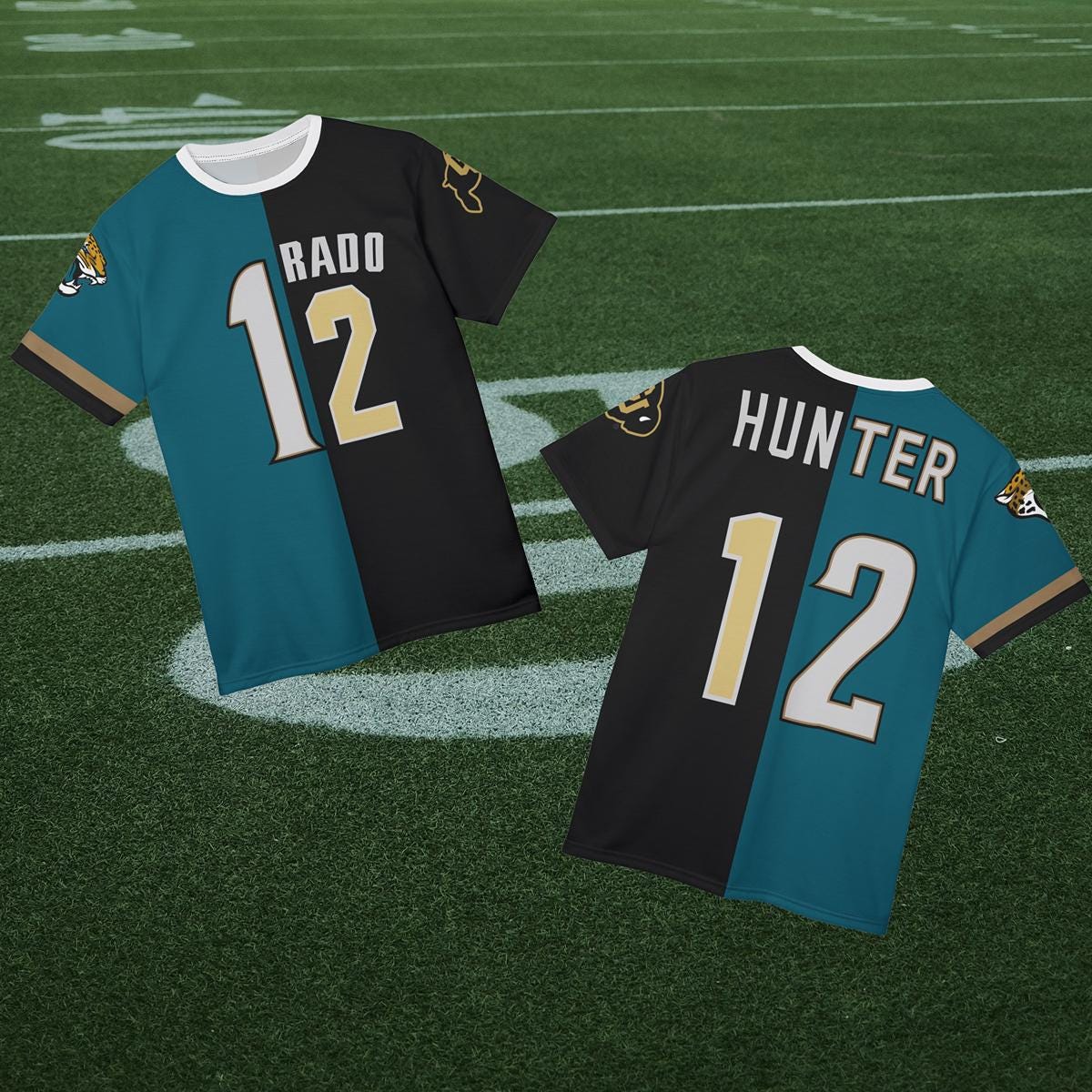 Travis Hunter Half & Half Tee: Jacksonville Jaguars / Colorado Buffs #12 All-Pro Talent AOP Shirt | Football Fans