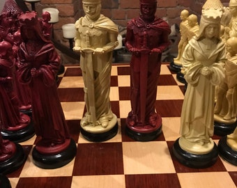MEDIEVAL CHESS SET ( 9” King Arthur) Antiqued Ivory & Burgundy look.Made 2 Order Only. No Stock.Check delivery date. Contact me 4 more info.