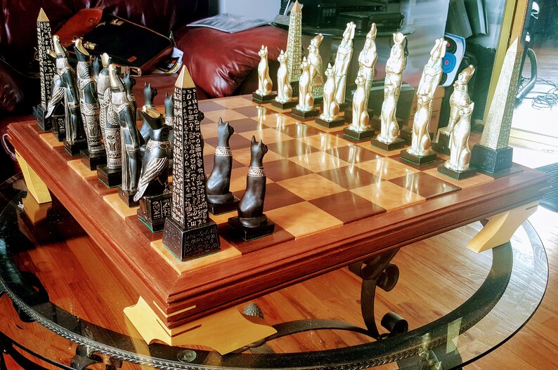 EGYPTIAN CHESS SET 7.5 King with Obelisk, Ebony & Gold look, Made 2 Order Only. No Stock. Check delivery date. Contact me 4 more info. image 1